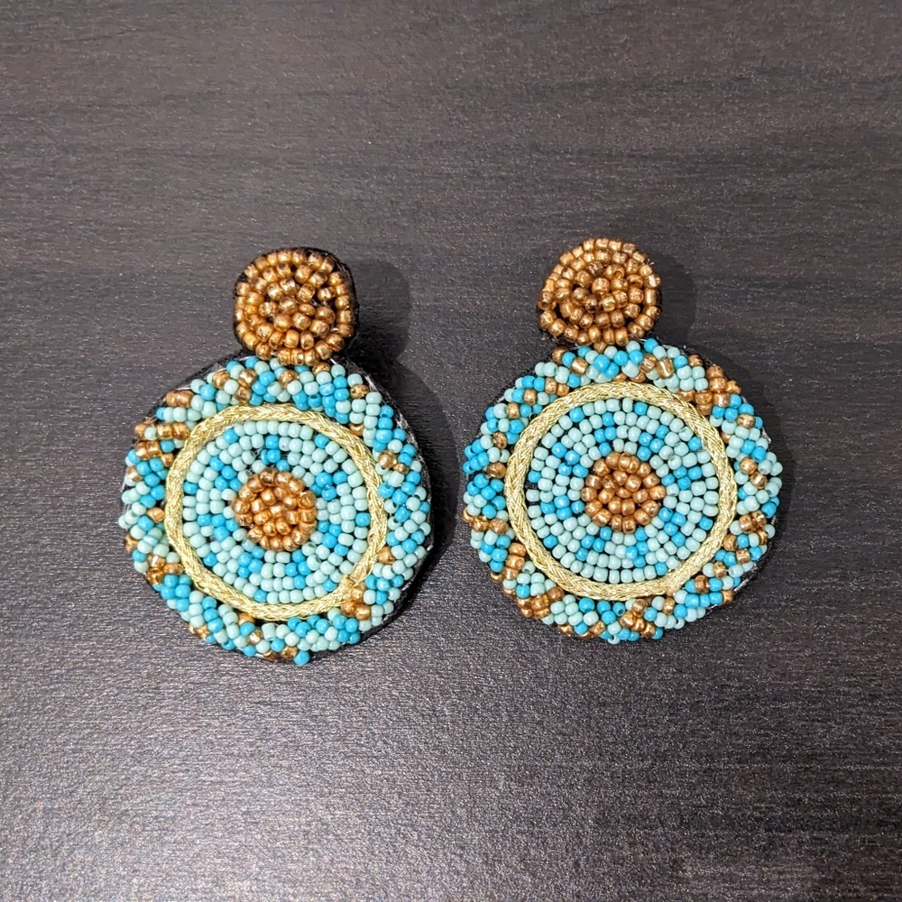 Acqua and Gold Beaded Round Earrings